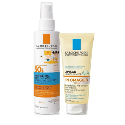 La Roche Posay Anthelios Latte Spray Bambino SPf 50+ 200ml più omaggio Lipikar Olio Lavante AP+ 100ml per pelli atopiche