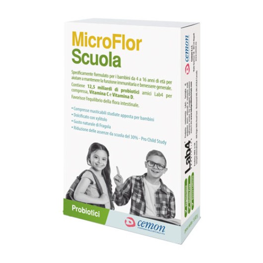 Microflor Scuola Probiotici e Vitamine C e D per il Sistema Immunitario 30 compresse masticabili