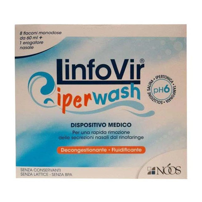 Noos - Linfovir Iperwash Soluzione Salina Ipertonica Tamponata 8 Flaconi Da 60 Ml + 1 Erogatore Nasale - Immagine 3