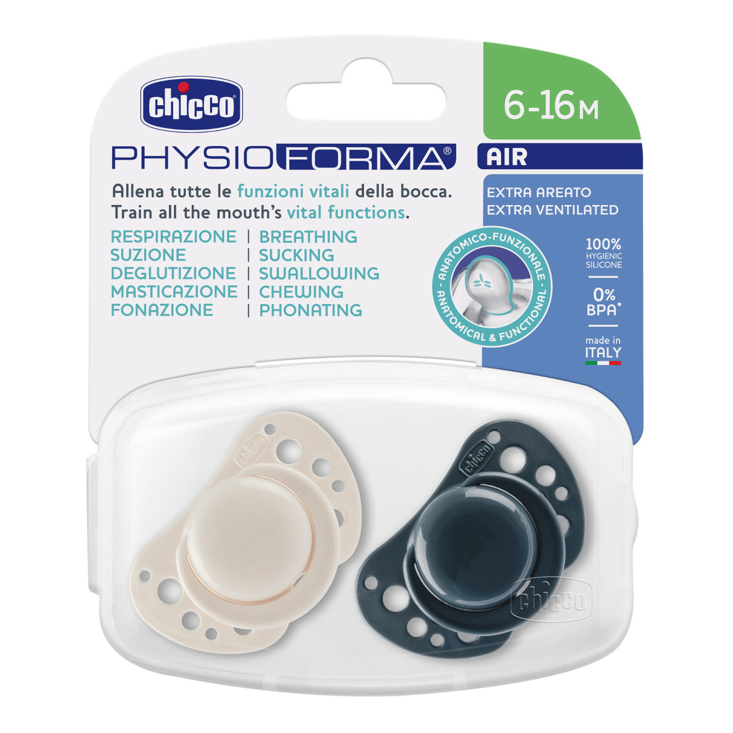 Chicco PhysioForma Air 6-16m - 2 succhietti in Silicone blu e bianco - Immagine 3